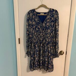 Max Studio Blue and Tan V-Neck Dress long sleeves